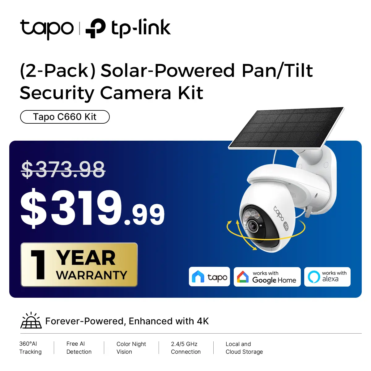 TP-Link & Tapo C660 Kit(2-Pack) 4K Ultra HD Outdoor Pan/Tilt Security Camera with Solar Panel,VistaCam 360° Pan, 24/7 Time-Lapse Capture, Free Person/Vehicle Detection, SD/Cloud Storage, Works with Alexa & Google Home