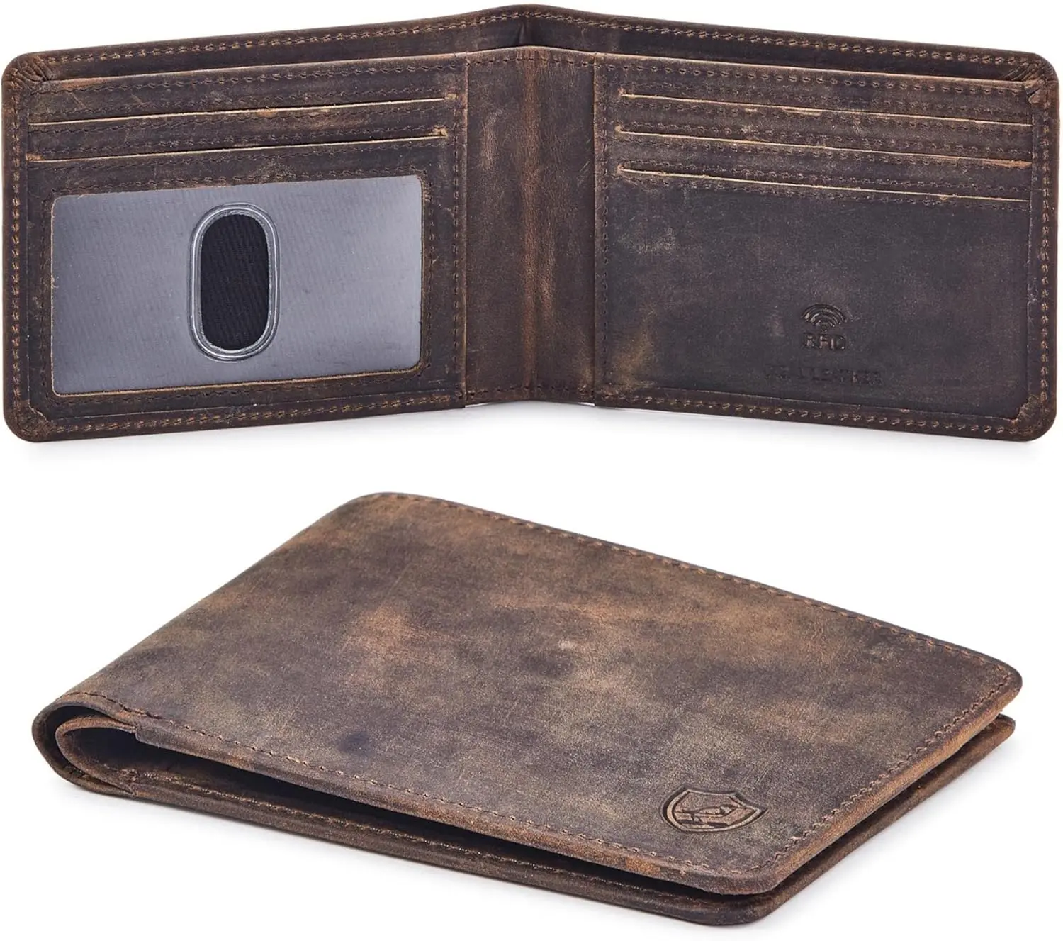 Men's Bifold Real Leather RFID Blocking EDC Wallet - Ultra Slim, Stylish Minimalist Front Pocket Wallet with ID Window, Packaged in Box (Crazy Horse, Moss), Bifold Wallets, Rfid Edc Wallet