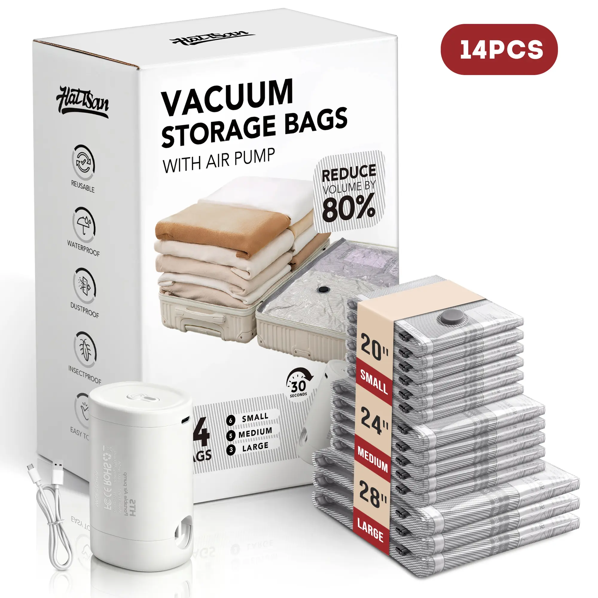 Travel Vacuum Storage Bags with USB Electric Pump, Vacuum Seal Bags for Travel Clothing, Cordless Travel Vacuum Storage Compression Bag Set with Rechargeable air Pump，Space Saver Vacuum Bags with Waterproof & Reusable, Perfect for Carry-On Suitcases Plast