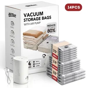 Travel Vacuum Storage Bags with USB Electric Pump, Vacuum Seal Bags for Travel Clothing, Cordless Travel Vacuum Storage Compression Bag Set with Rechargeable air Pump，Space Saver Vacuum Bags with Waterproof & Reusable, Perfect for Carry-On Suitcases