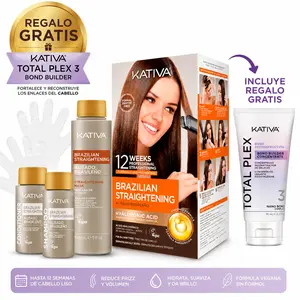 Kativa Brazilian Keratin Hair Straightening Kit + 70ml Total Plex Bond Reconstructor, Salon-Quality Natural Hair Care with Organic Argan Oil, Vegan Frizz Control, Deep Repair Hydration for Haircare Routine
