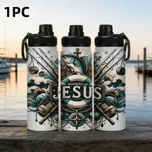 1pc 20oz Hooked On Jesus Fishing-themed Insulated cup - A stainless steel portable sports water bottle with a convenient handle, suitable for outdoor camping and a gift for fishing enthusiasts.