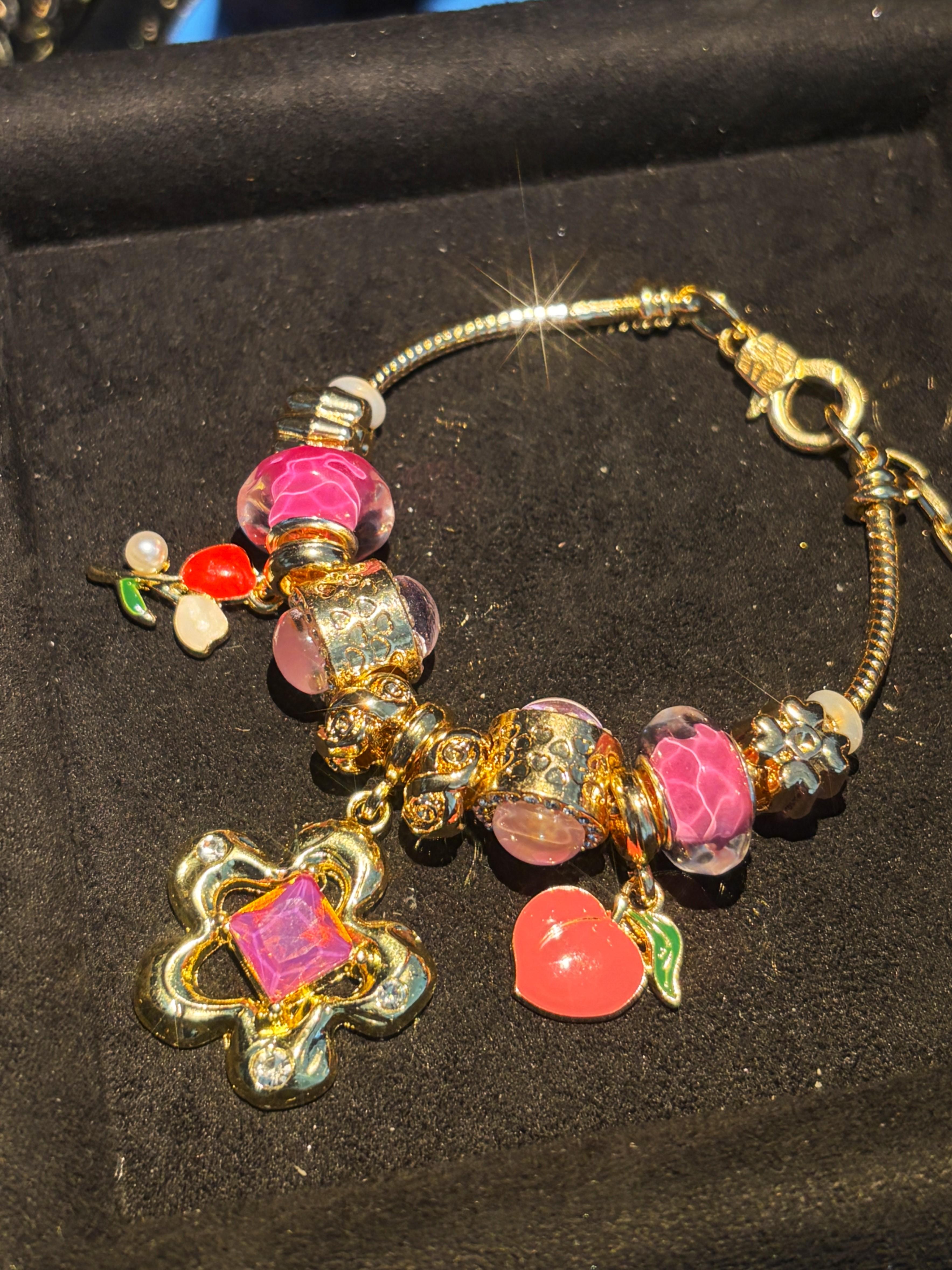 Gold-Tone Snake Chain Charm Bracelet with Clover, Peach Flower & Murano Glass Beads - Stackable Costume Jewelry Gift for Women