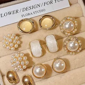 Elegant French Vintage Faux Pearl Geometric Earrings Set, Simple Style Women's Daily Commute Versatile Earings, 6 Pairs