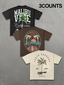 Men’s 3-Pack Vintage Beach Graphic T-Shirts | California Malibu Surf Palm Tree Streetwear Tees