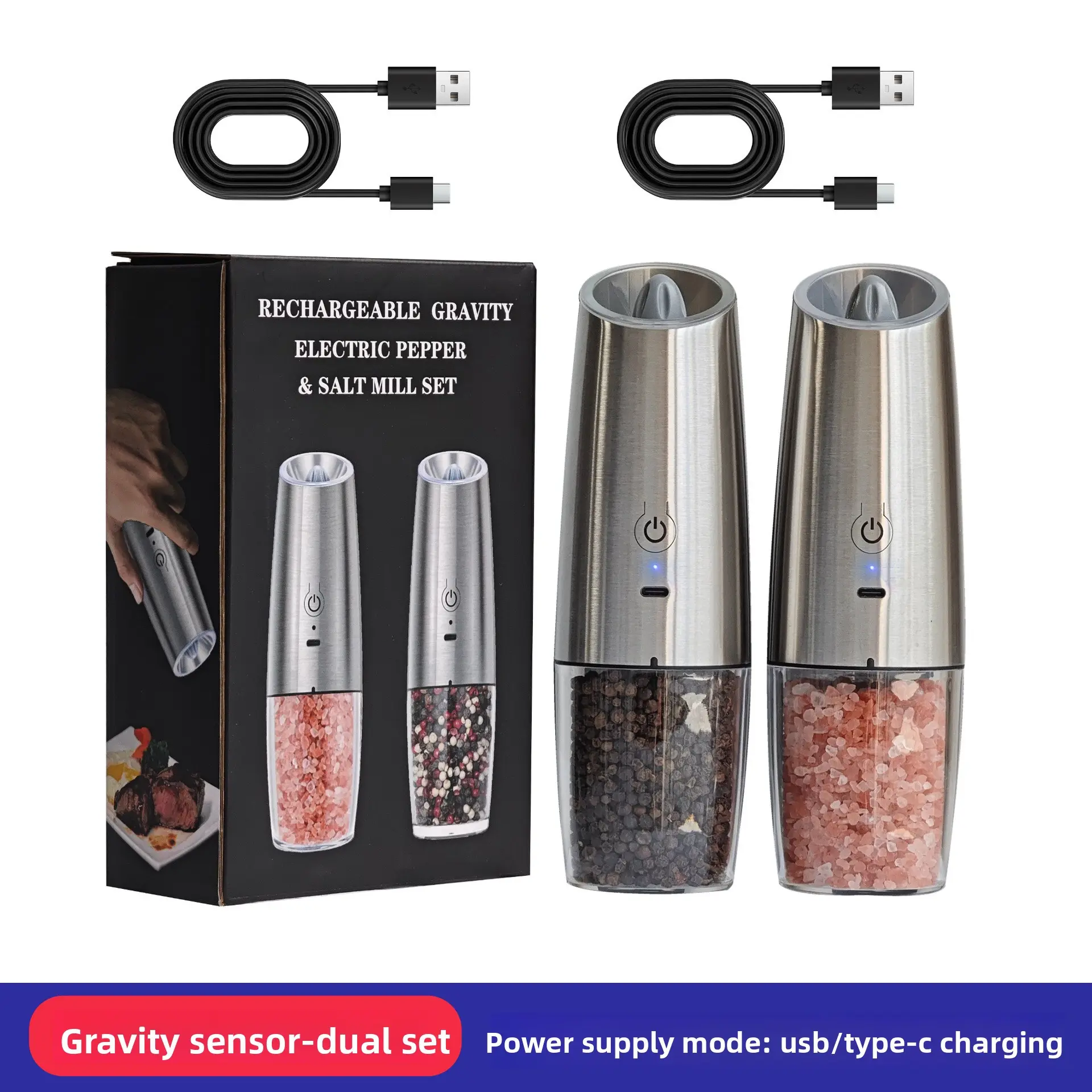 Gravity Electric Salt and Pepper Grinder Set, 9OZ XL Upgraded Battery-Powered Refillable Automatic 1-Hand Adjustable Coarseness Mill for Kitchen