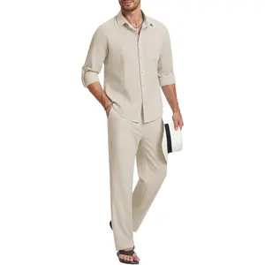 Mens Shirts Casual 2 Piece Long Sleeve Button Down Cuban Shirt and Pants Set Summer Beach Outfits Clothes Menswear