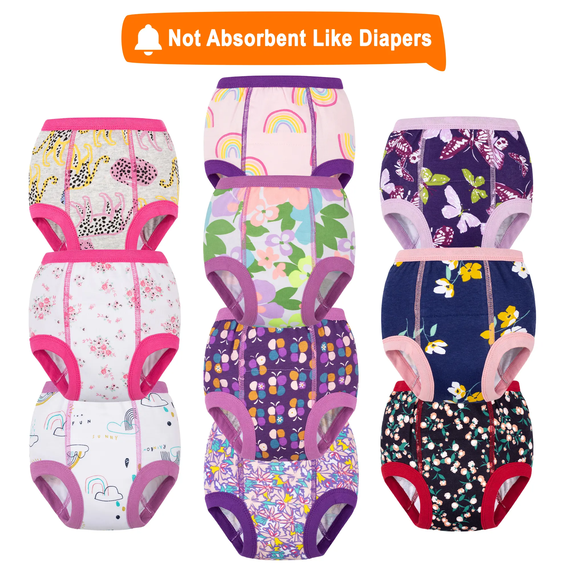 Toddlers' 10-Pack Diaper Training Pants, 100% Cotton Reusable Pull-Up Underwear for Boys & Girls, Flexible Waist, Potty Reminder, Assorted Printed Motifs, 100 Cotton Clothing, Easy On/Off, Daytime Use, Soft Cotton For Tender Skin