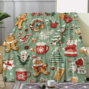 Seasonal Snuggle, Cozy Flannel Christmas Blanket with Gingerbread for Man, Tree & Candy Cane Design - Soft, Warm Throw for Sofa, Bed, Car, Office, Camping - Versatile All-Season Gift