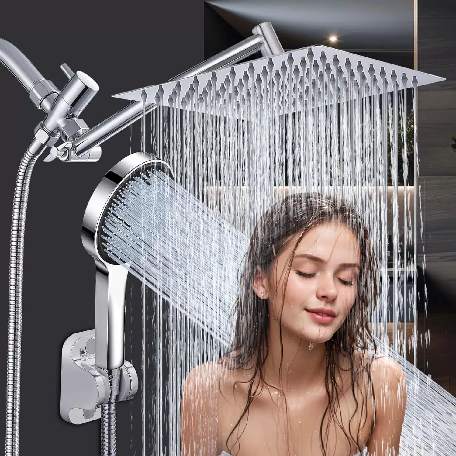 8'' Rainfall Chrome Finish Shower Head & Handheld Combo, High Pressure 8+2 Modes, Built-in Power Wash, Stainless Steel Wall Mount Set with 11'' Adjustable Shower Arm, Holder, 60in Hose & Water Flow Regulator