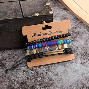 4 items of European and American ethnic fashion multi-layered leather wax string woven bracelets. Skillfully hand-knitted with wooden beads, the wrist ropes here are of adjustable size.