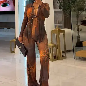 Women's Leopard Print Mesh Crop Top & Flare Pants Set, Casual Fall Fashion, Slim-Fit Long Sleeve Button Front Cardigan, Two-Piece(Sheets)