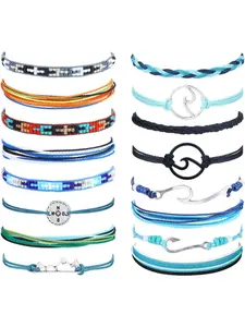 16Pcs VSCO Wave Rope Bracelet Set for Women, Handmade Waterproof Wax Rope Braided Adjustable Surfer Friendship Bracelets