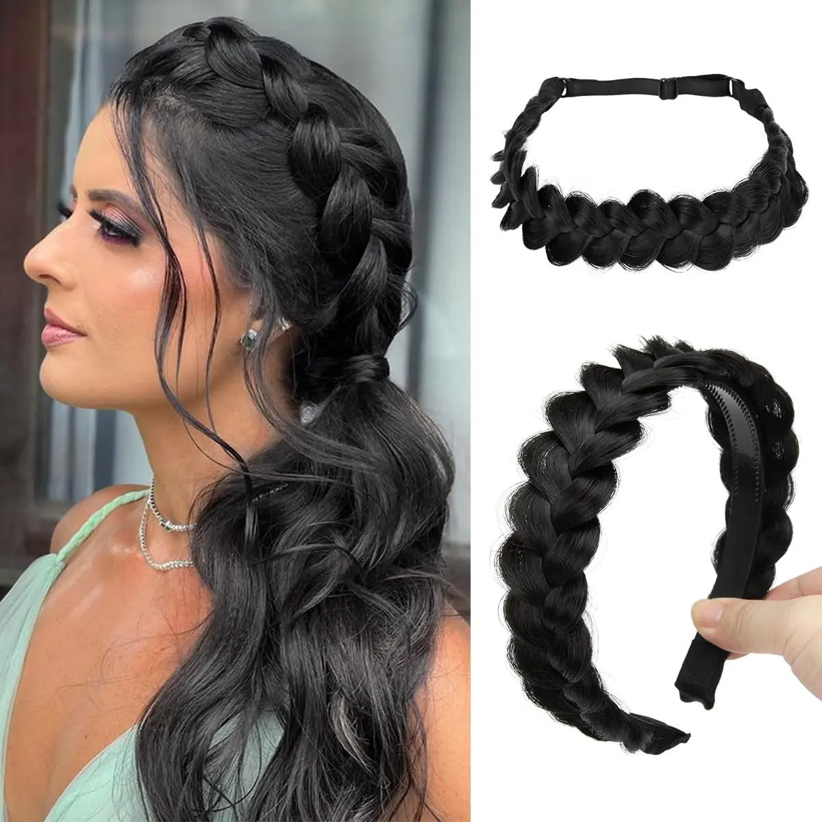 2pcs Braided Headbands Hair Piece with 100pcs Small Clips for Women Synthetic Hair Hoops Head Bands Handmade Braid Hairband Accessories Elastic Stretch Headwrap Black