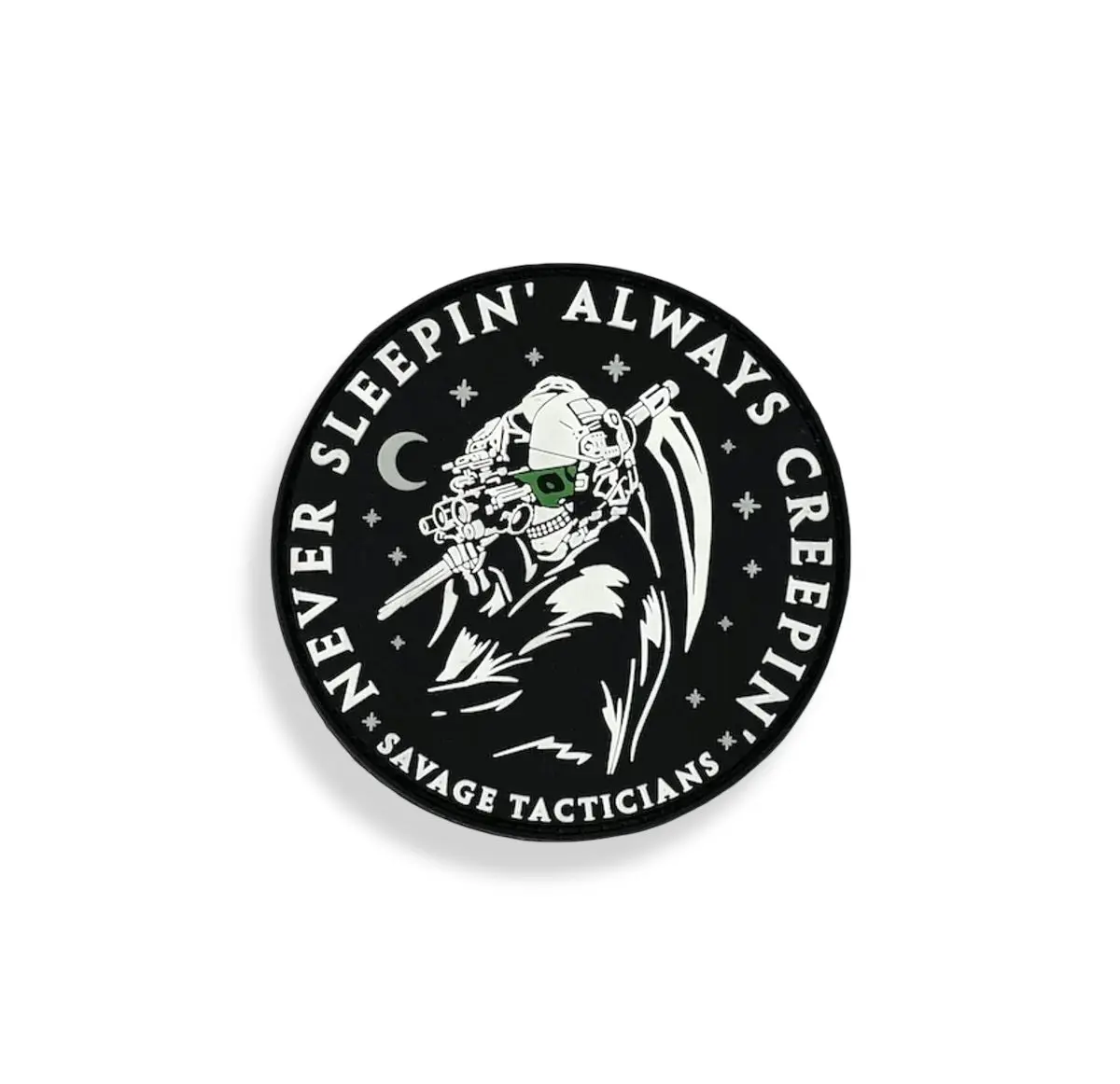 3-inch Glow-in-Dark Creepin' Sewing Patch - Bold Look Round Shape PVC Patch, Black and White Tactical Vibe, Molded Hook and Loop Fastener, Durability, Fabric Attach, Secure Fit for Cover of Darkness Enthusiasts