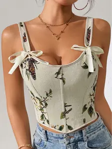 Green Butterfly Floral Bustier Cami Women Y2K Bow Tie Strap Boned Crop Top Summer Vacation Festival Picnic Concert Outfit Boho Fairycore Whimsical Cute Vintage