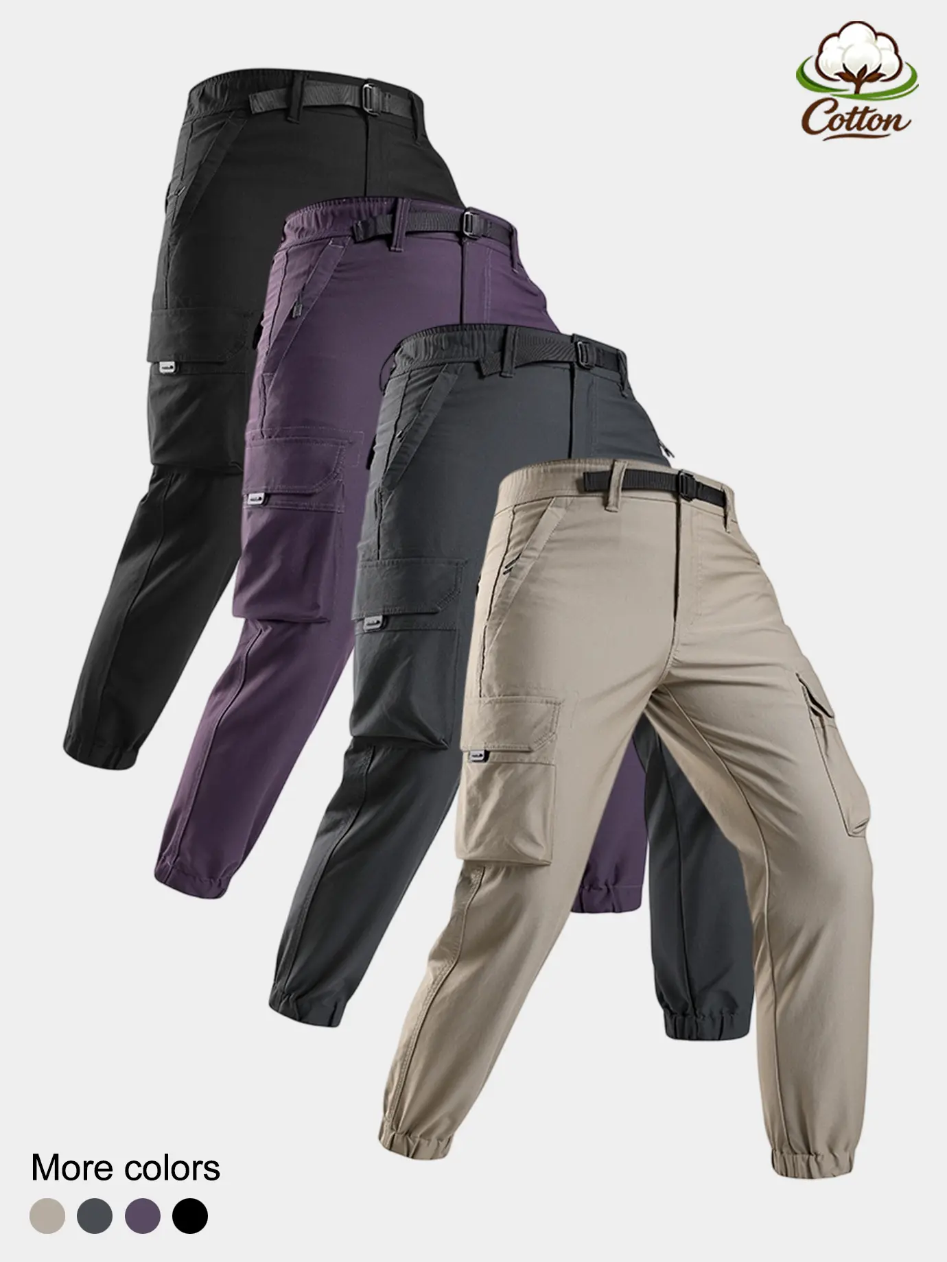 Utility Belted Zip Snap Pocket Straight Cargo Pants, Elastic Waist Relaxed Fit Work Trousers, Breathable 4 Tone Mens Outdoor Travel Minimalist Daily Pants