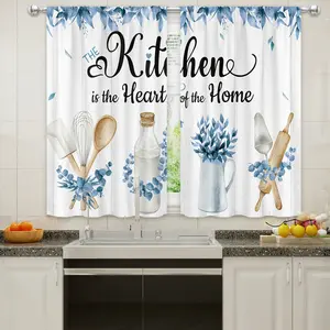 2pcs Navy Blue Teal Eucalyptus Leaves Kitchen Curtains Small Short Leaf Plants Country Botanical Country Modern Rod Pocket Natural Spring Bedroom Living Room Fabric 2 Panels