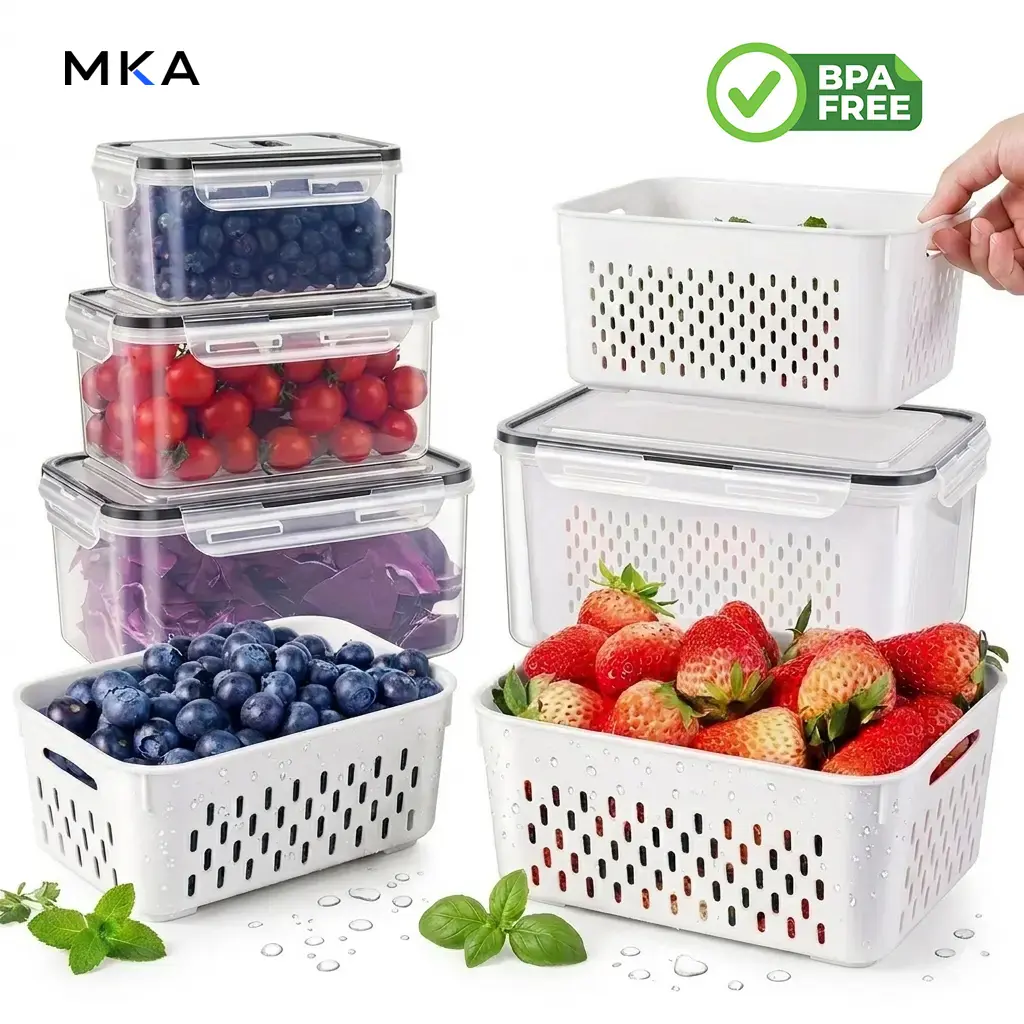 3-Pack Fridge Organizers and Storage Bins - Stackable BPA-Free Containers with Removable Colander, Leakproof Seal Lid for Drainage, Storage Organization, Extends Produce Freshness, Sealed Lid Keeps Fridge Clean
