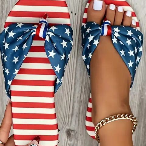 Style American Retro Flag Knot Sandals, Star Stripe Square Toe Flat Slippers, Women's Summer Independence Day Versatile Outdoor Shoes, Half Flip Flops, Casual Daily Footwear, Casual Fashion Footwear