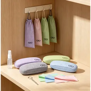 JUMRHFAN 4-piece set of eyeglass cases, portable linen hard shell eyeglass cases suitable for storing sunglasses, with eyeglass accessories (drawstring bag, cleaning cloth), multi-color.
