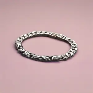 925 Sterling Silver Bracelet for Men, Retro Oxidized Byzantine Link Chain Mixed Cuban Curb Strand, Hypoallergenic Punk Rock Box Clasp Bangle Streetwear Jewelry bohemian style alloy