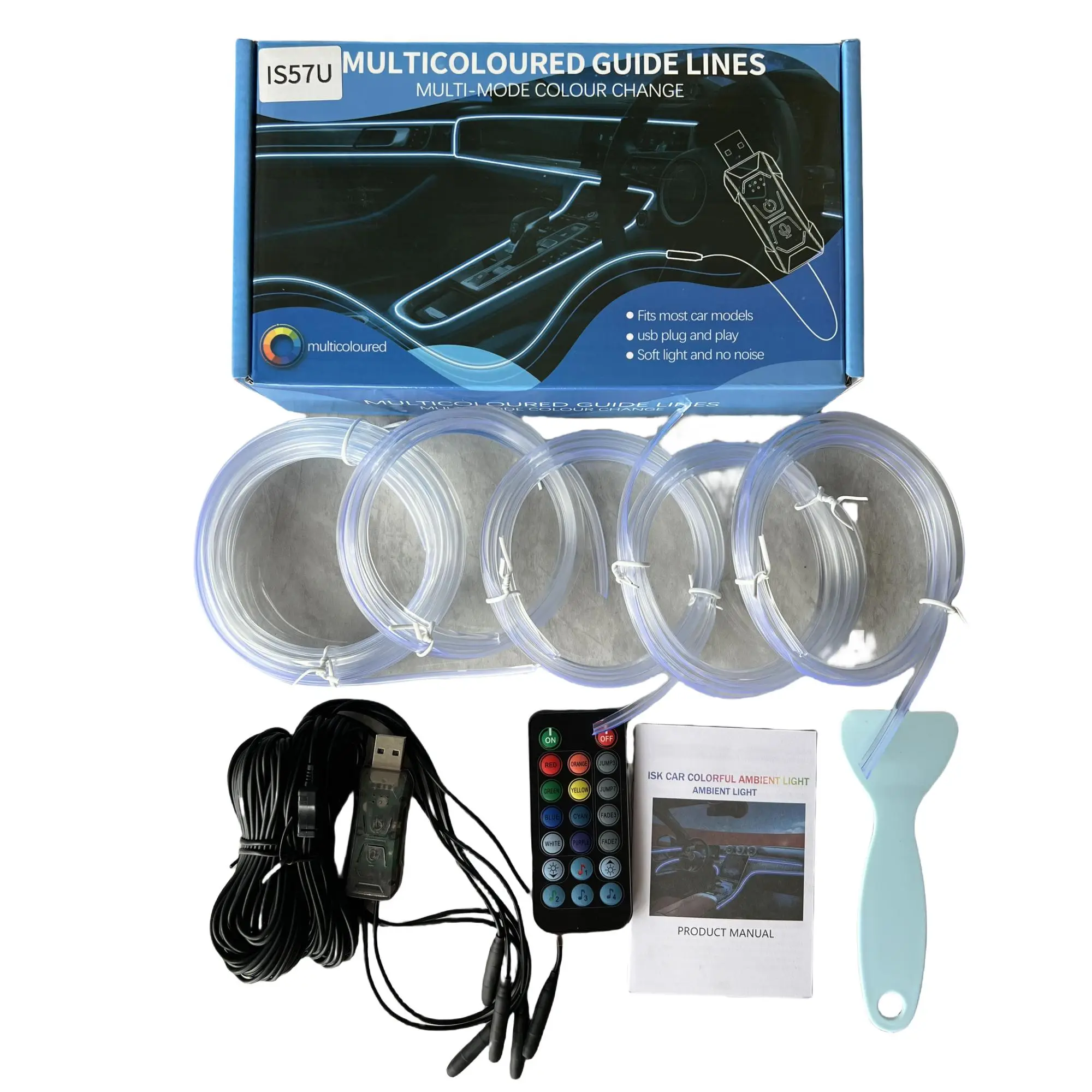 Car Interior Ambient LED Lights, USB Environment Light Kit, Music Mode Neon Strip Lights for 4 Car Doors & Center Console Decoration