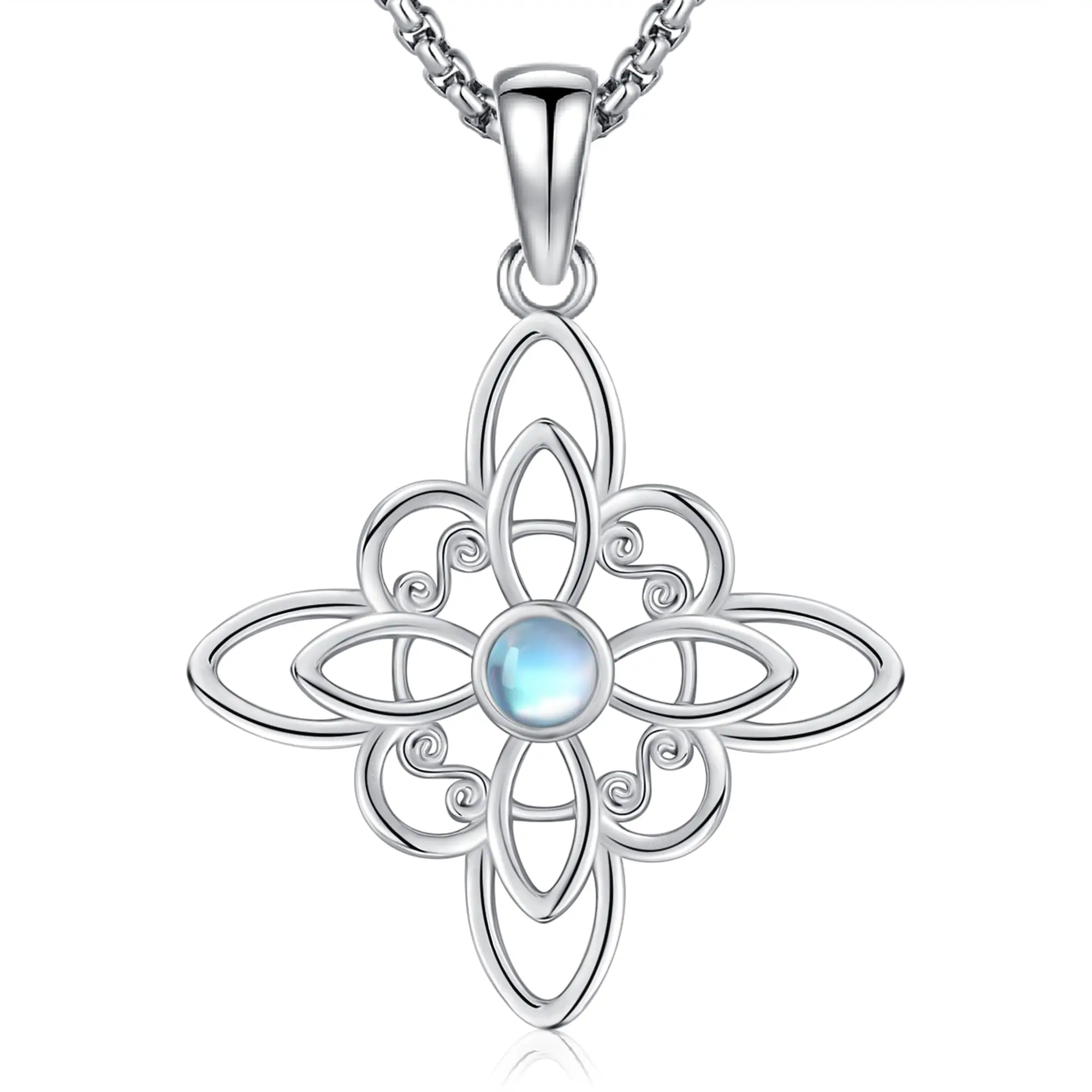 Thanches Witches Knot Necklace 925 Sterling Silver Moonstone Pagan Pendant, Witchcraft Protection Charm Wiccan Amulet Unique Feminine Design Spiritual Gift for Women, Wife, Mom