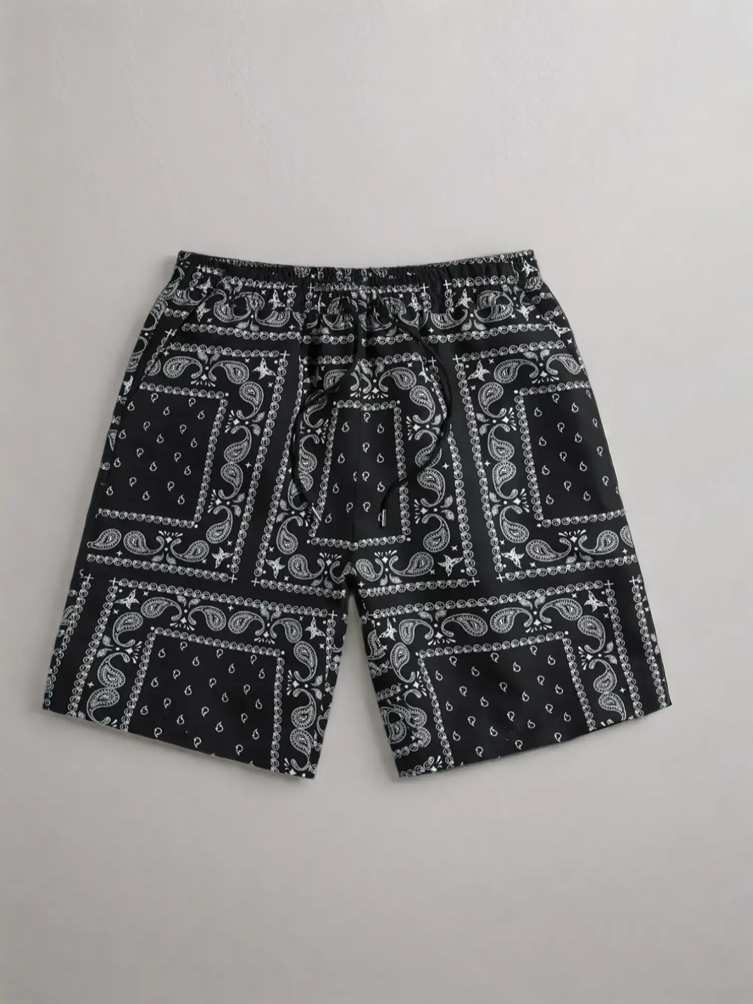 Men's Ethnic Pattern Pocket Drawstring Waist Shorts, Regular Fit Summer Clothes, Stylish Paisley Print Elastic Waist Swim Trunks, Beach Shorts for Cas