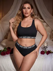 Women's Plus Size Fashion Mesh Letter Lingerie Set, No Steel Cup Triangle Panties, Love Belt, Comfortable Skin-Friendly Fabric, Underwear