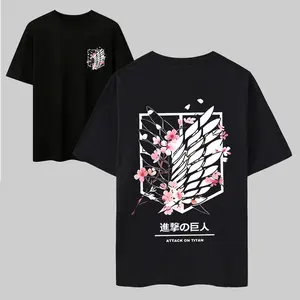 Attack on Titan Anime Graphic Tee, 100% Cotton Sakura Wings of Freedom Oversized T-Shirt, Japanese Streetwear Aesthetic Casual Top