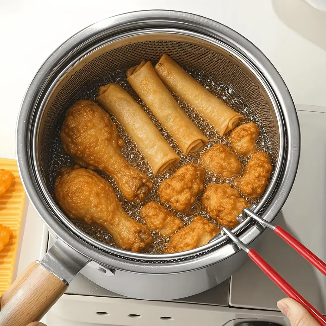304 Stainless Steel Deep Fryer Pot with Frying Basket & Handle, Japanese Tempura Frying Pot for Fish, Shrimp, Chicken & French Fries, Induction & Gas Stove Compatible