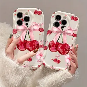 Pink cherry bow pattern Soft Durable TPU Protective Cover  Case for iPhone 16 Pro Max 15 Plus 14 13 12 11 XR XS