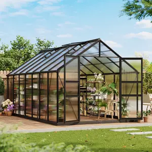 Walk-In Polycarbonate Greenhouse for Outdoors with Aluminum Frame, Lockable Door and Adjustable Roof Vent, Spacious Backyard Green House for Garden Patio Plant Growing, Weather-Resistant Outdoor Greenhouse Kit