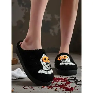 Women's Stylish Horror Cartoon Embroidered Plush Breathable Slippers, Soft and Comfortable Black Home Shoes for Men and Women,  Ideal Halloween Gift, Footwear