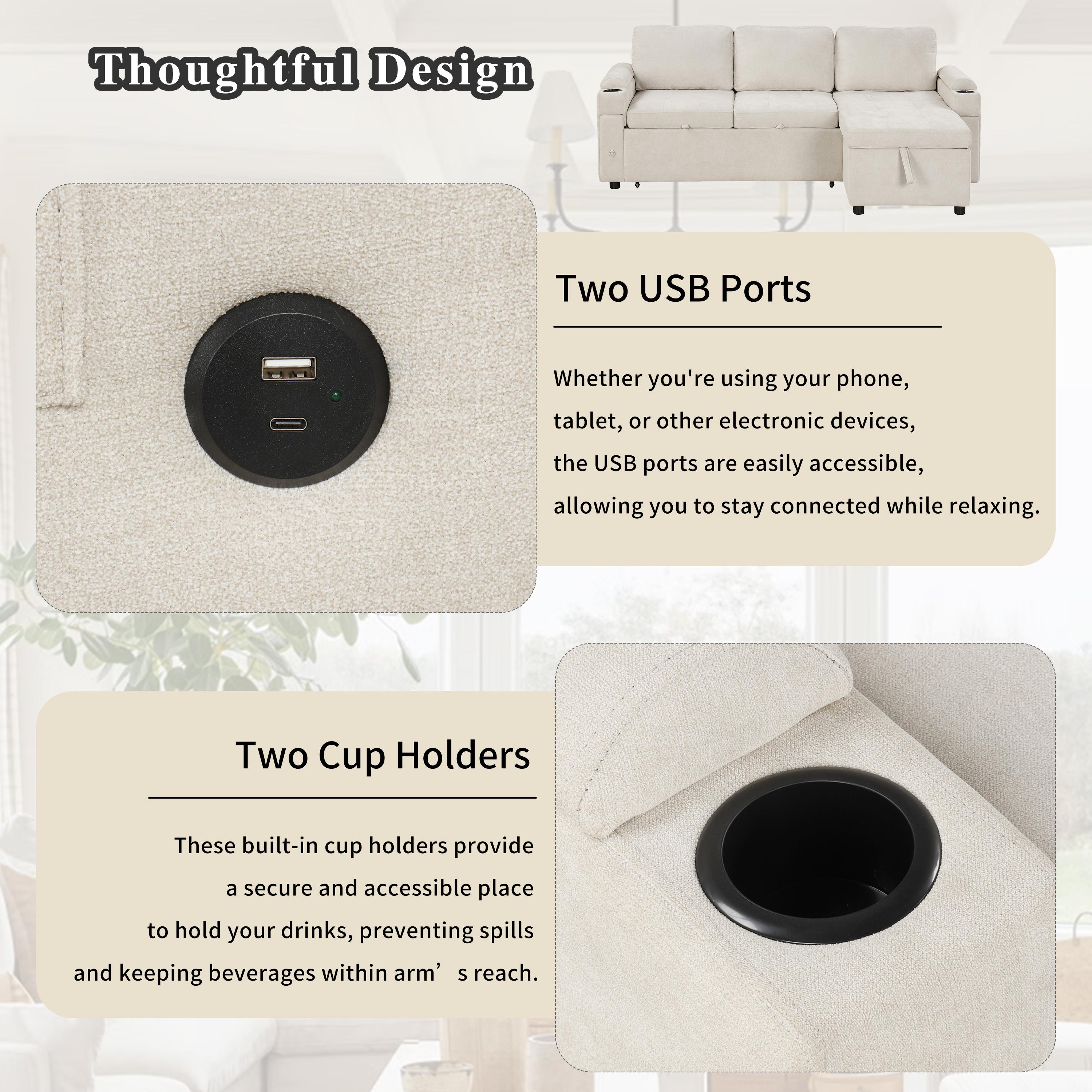 83.5" L-shaped Sofa Couch Convertible Sofa Bed Sectional Sofa with Ample Storage Space, Two Cup Holders and Two USB Ports for Living Room