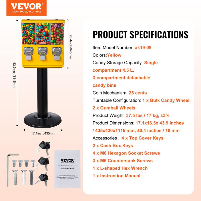 VEVOR Commercial Vending Machine,  , Triple Compartment Candy Dispenser with Iron Stand, Gumball and Candy Machine for Business, Coin Operated Gumball Bank for Toy Capsules Bouncy Balls Candy Nut, Yellow