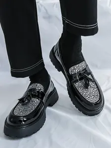 Men's Dance Shoes Round Toe Black White Dense Dot Upper Design Fashionable Loafers Business Casual Slipon Flat Shoes for Men