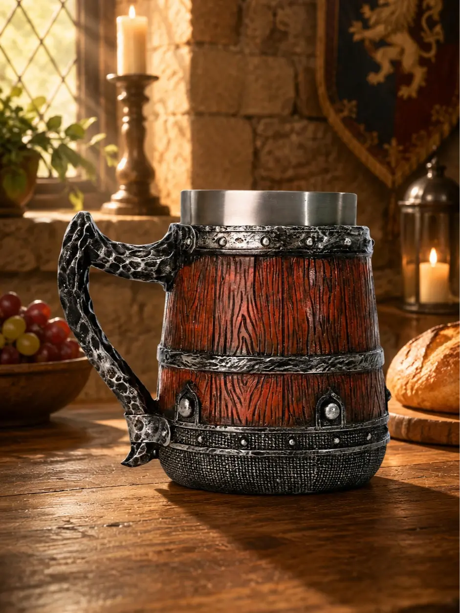 The Armored Kingdom 16oz Stainless Steel Insulated Tumbler - Stainless Steel Mug, Medieval Fantasy Collectibles, Ancient Metal Design, Wood-Accented Carved Battlebrew Kitchen Drinkware, Reusable, Washable, Heraldic Patterns, Armor Textures, Custom Scroll,