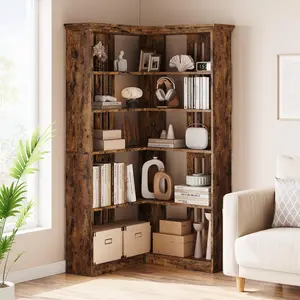 GARVEE Corner Bookshelf 72.8in Farmhouse Bookcase Large Bookshelf Wood Bookcase Tall 5 Tier Corner Shelf L Shaped Bookshelfs Storage Display Rack Living Room Bedroom (Retro, Half Panel)