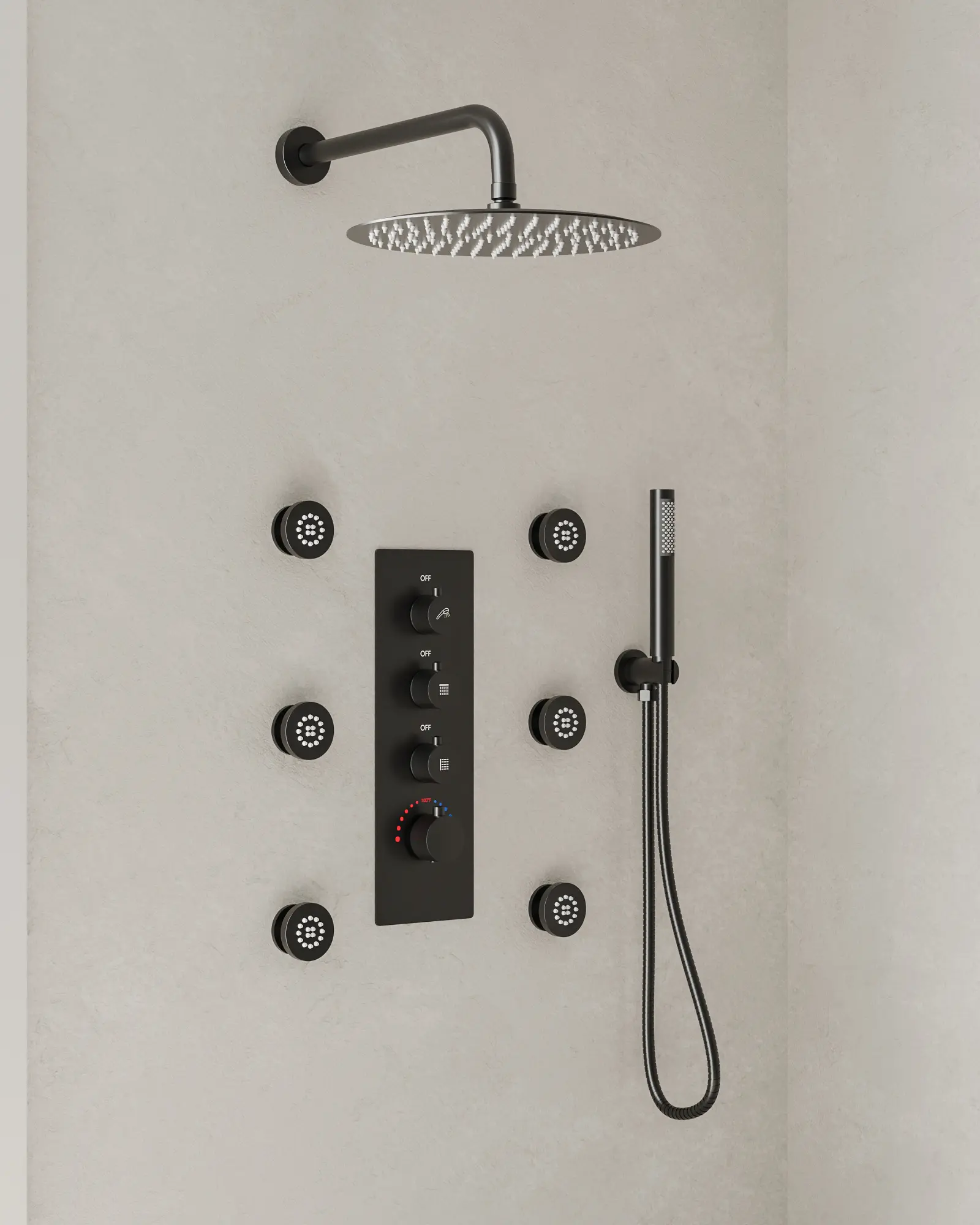 Thermostatic Rain Shower System with 6 Body Jets Includes Rough-in Valve, 12 Inches