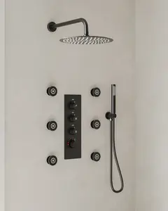 Thermostatic Rain Shower System with 6 Body Jets Includes Rough-in Valve, 12 Inches