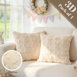 1 pc Beige Rabbit Pattern Fluffy Throw Pillow Cover Cushion Cover Easter Simple Cute Modern Fresh Style Soft Skin-Friendly 18x18Inch Pillow Insert Not Included For Easter Gift Holiday Decor Living Room Bedroom Sofa Home