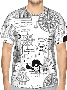 Men'S 3D Vintage Nautical Doodles T-Shirt, Full Print Sailing Ship Compass Anchor Graphic Tee, Breathable Polyester Short Sleeve Crewneck Casual Summer Shirt for Men Gifting S-3XL