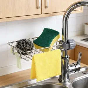 Universal Kitchen Bathroom Faucet Caddy, Detachable Rustproof Stainless Steel Sink Storage Rack, Space-Saving Sponge & Towel Organizer | Category: Household Storage Holders & Racks