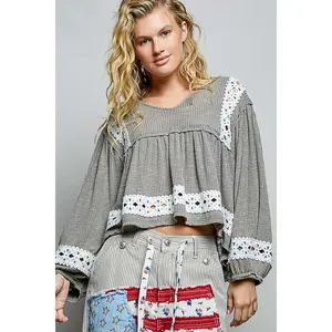 Fiorella Gray Ribbed Crochet Detail Top