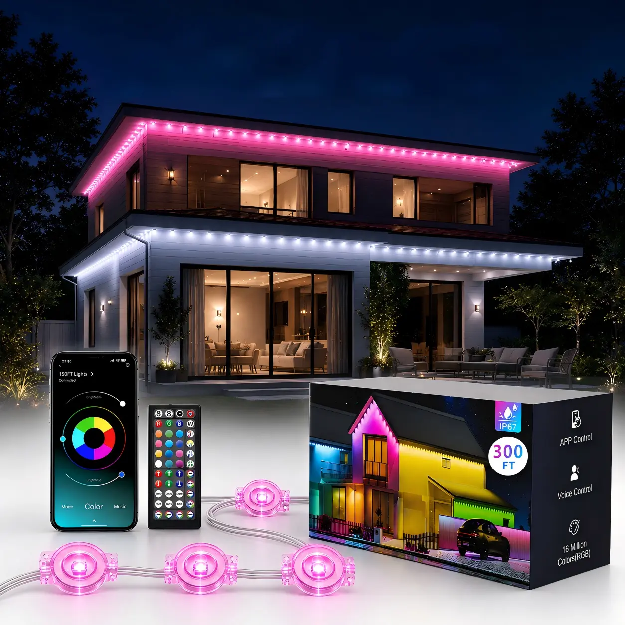 RGB Eave Outdoor Lights, Permanent Colorful LED Lights for Roofline and House Decor, App & Remote Controlled Outdoor Lighting, DIY Custom Modes, Music Sync, IP67 Waterproof Smart Lights for Patio, Holiday and Everyday Decoration