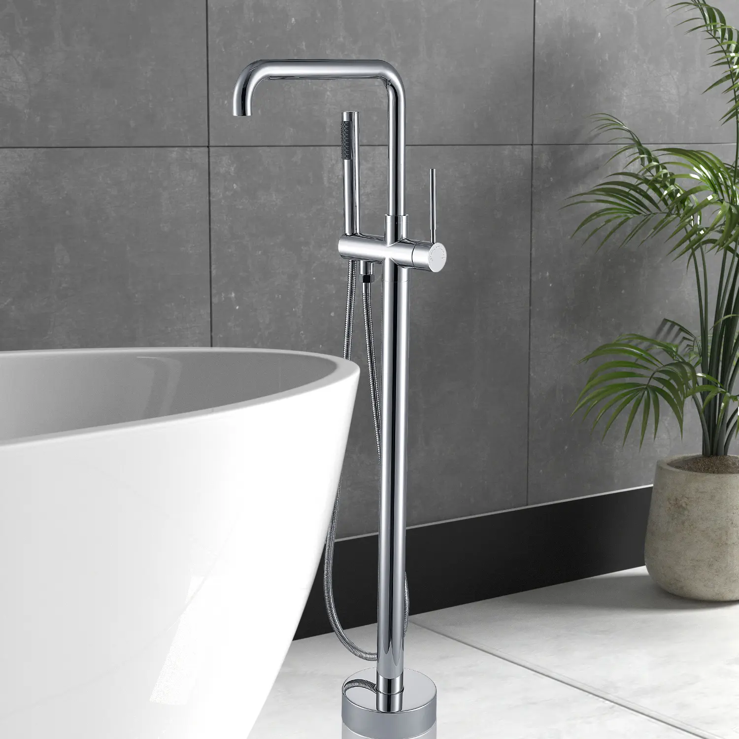 Modern Floor-Standing Bathtub Faucet with Included Hand Shower, Tub Filler, Full Coverage, Solid Metal Construction, Corrosion-Resistant, 3.9gpm Max Flow, Premium Durable Finish, Contemporary Plumbing Fixture for Master Bath, Guest Suite