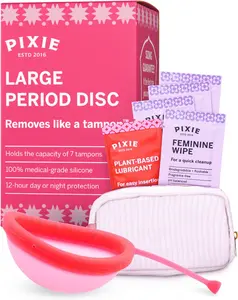 Pixie Menstrual Disc for Feminine Care - Ranked 1 for Best Tampon Alternative Period Disc - 100% Medical-Grade Silicone - Removes Like a Tampon - Wear 12 Hours - Capacity of 7 Tampons (Large, Pink)