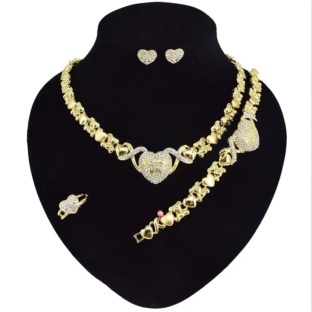 HUGS & KISSES Iced Cut Finish Heart Teddy Bears Gold-Plated Elegant Jewelry Set - Matching Fashion Costume Jewelry Set #13, Matching Jewelry Set